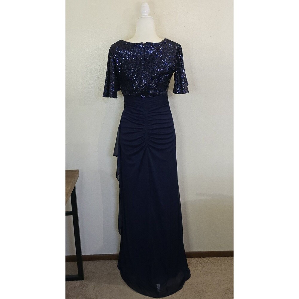 Xscape Navy Blue Sequin Ruffle Chiffon Maxi Dress V-Neck Flutter Sleeve Size 8 - Picture 3 of 11